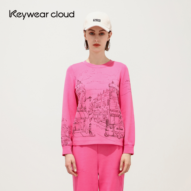 Keywearcloud奇威秋冬城市街景闪钻长袖圆领上衣吸睛桃红卫衣