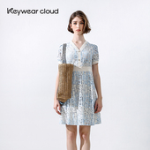 Keywearcloud奇威夏季 拼色裙子女蕾丝缠绕艺术气质短袖 高腰连衣裙