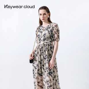 Keywearcloud奇威气质圆领镂空收腰复古玫瑰花中长款 大摆连衣裙