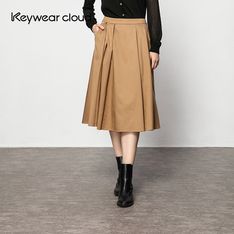 Keywearcloud奇威女装咖啡色复古高腰中长款通勤A字半身裙