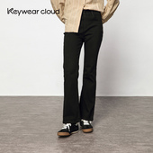 Keywearcloud奇威女装 复古通勤风微喇裤 黑色高腰休闲