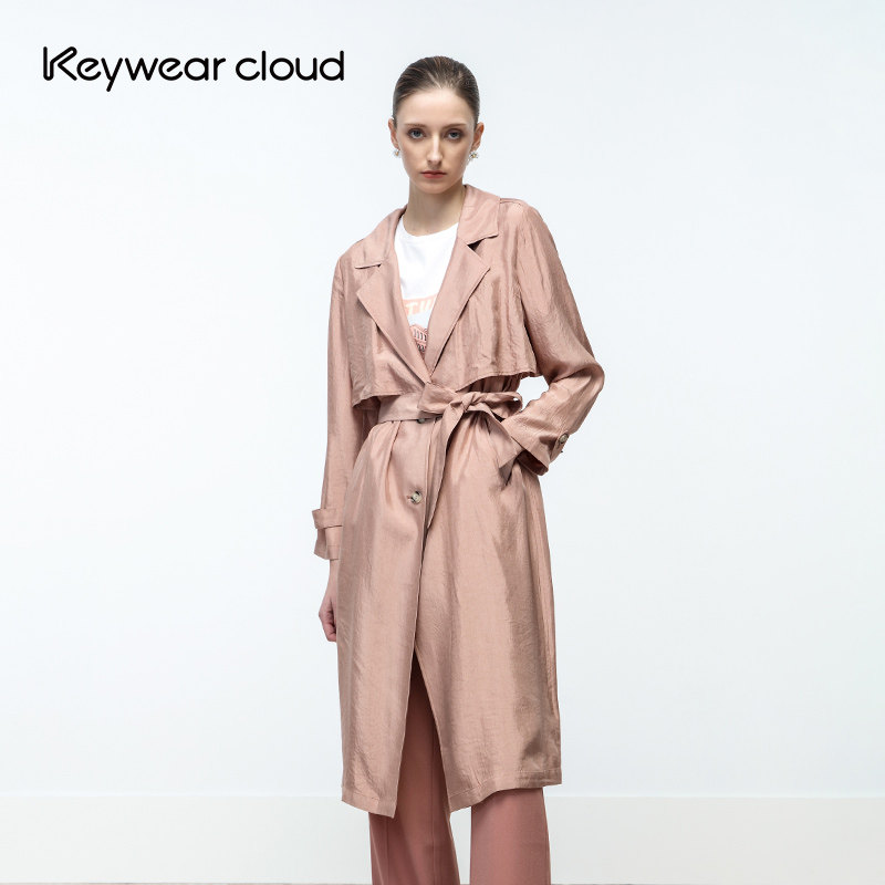 Keywearcloud奇威西装领长袖气质中长款收腰风衣利落气场外套女