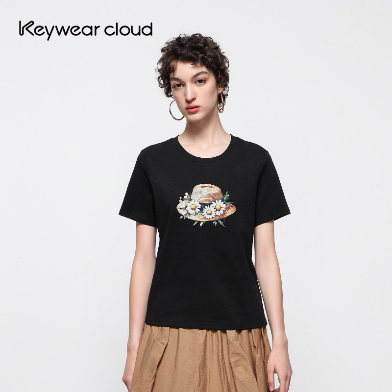 Keywearcloud奇威秋季印花帽子圆领简约款女装上衣短袖宽松T恤