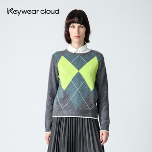 毛衣菱形格藝術長袖 Keywearcloud奇威秋季 新款 上衣女裝 寬松針織衫