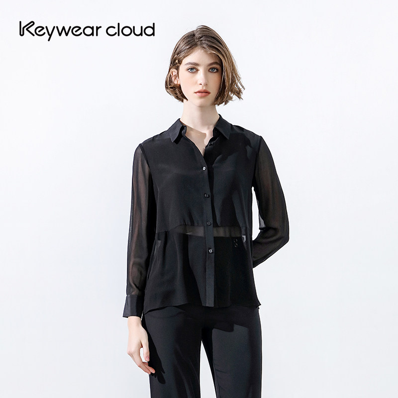 Keywearcloud奇威polo领衬衣女半透真丝简约长袖夏季黑色衬衫开衫