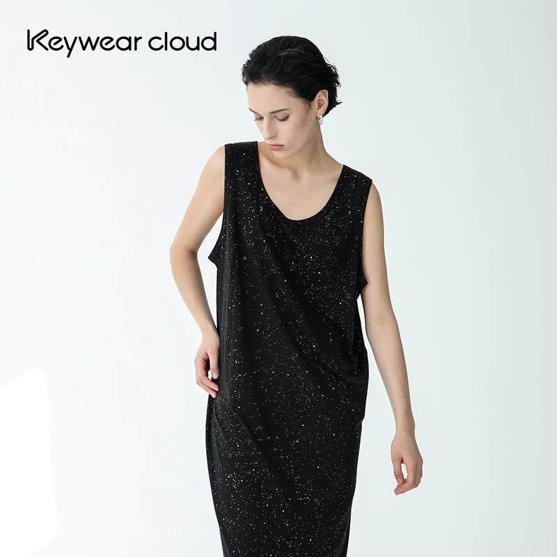 Keywearcloud奇威夏季中长款女装满天星宽松背心裙宽松黑色连衣裙