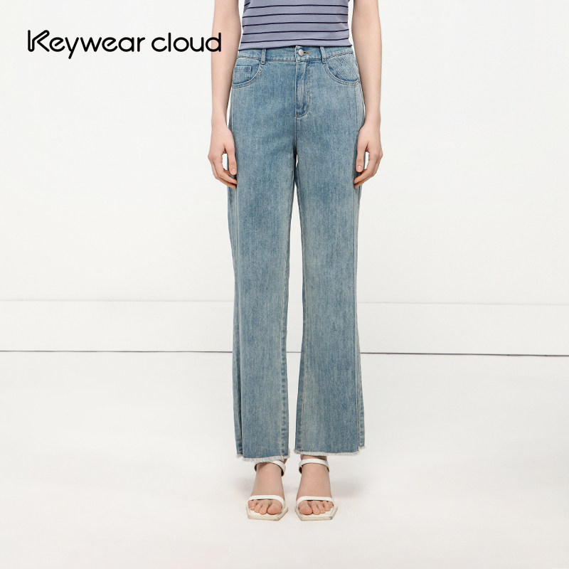 Keywearcloud奇威高腰显瘦遮肉显瘦直筒阔腿设计感毛边喇叭裤