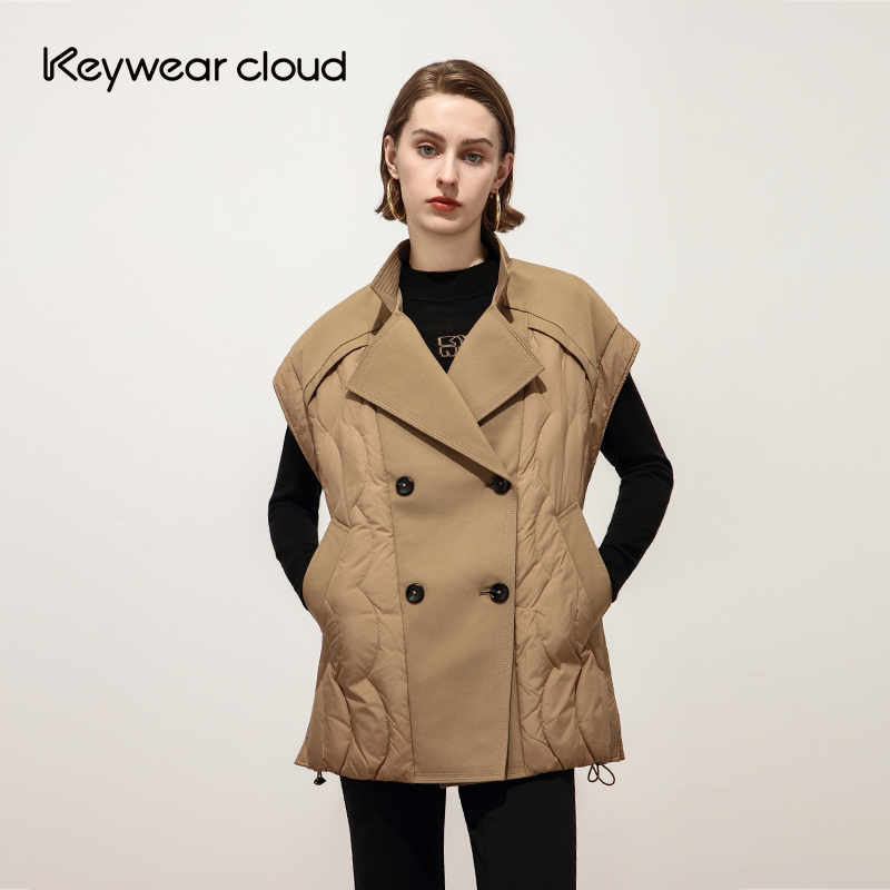 Keywearcloud奇威秋季新款翻领双排扣鸭绒羽绒服外套复古无袖马甲