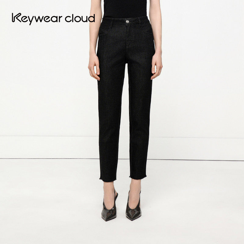 Keywearcloud奇威纯色小收毛边裤腿牛仔九分裤