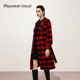 Keywearcloud奇威红黑格纹双排扣收腰大衣