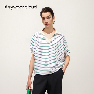 遮肉显瘦polo领衬衫 Keywearcloud奇威职场休闲慵懒风衬衣条纹短袖