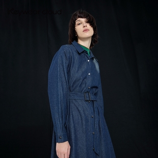 Keywearcloud奇威夏季中长款牛仔裙休闲长袖衬衫薄款通勤裙连衣裙