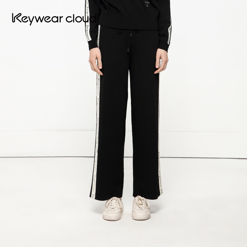 Keywearcloud奇威侧边织带字母阔腿女抽绳松紧腰直筒休闲运动长裤