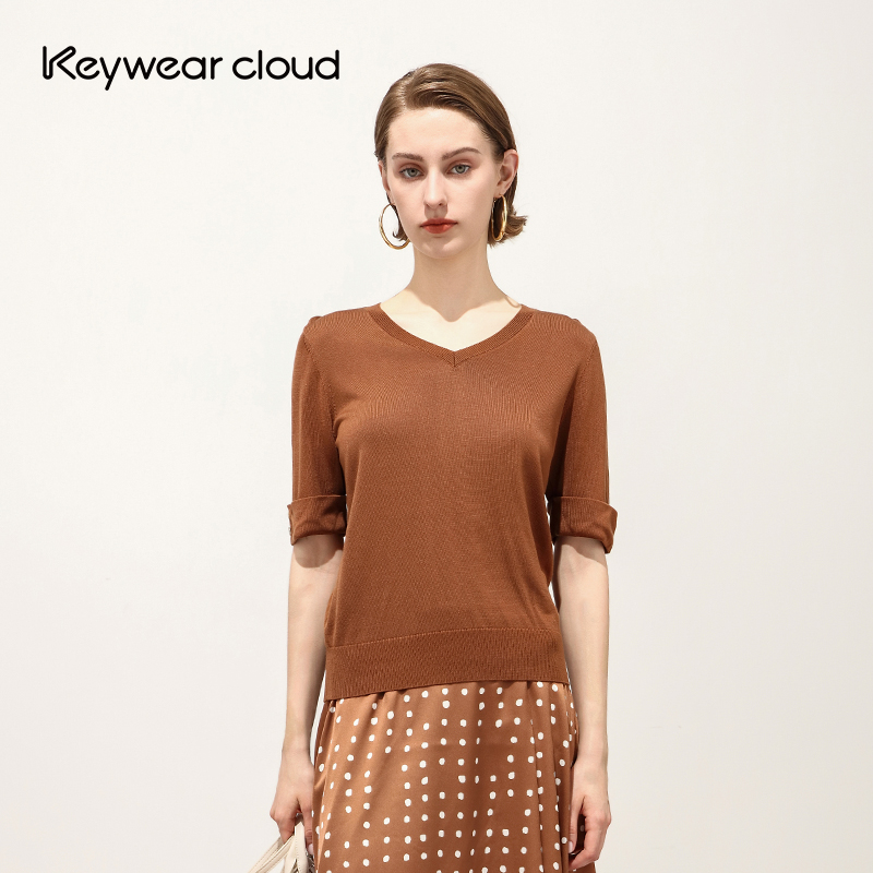Keywearcloud奇威秋季新款上衣女款V领短袖针织衫修身百搭毛衣