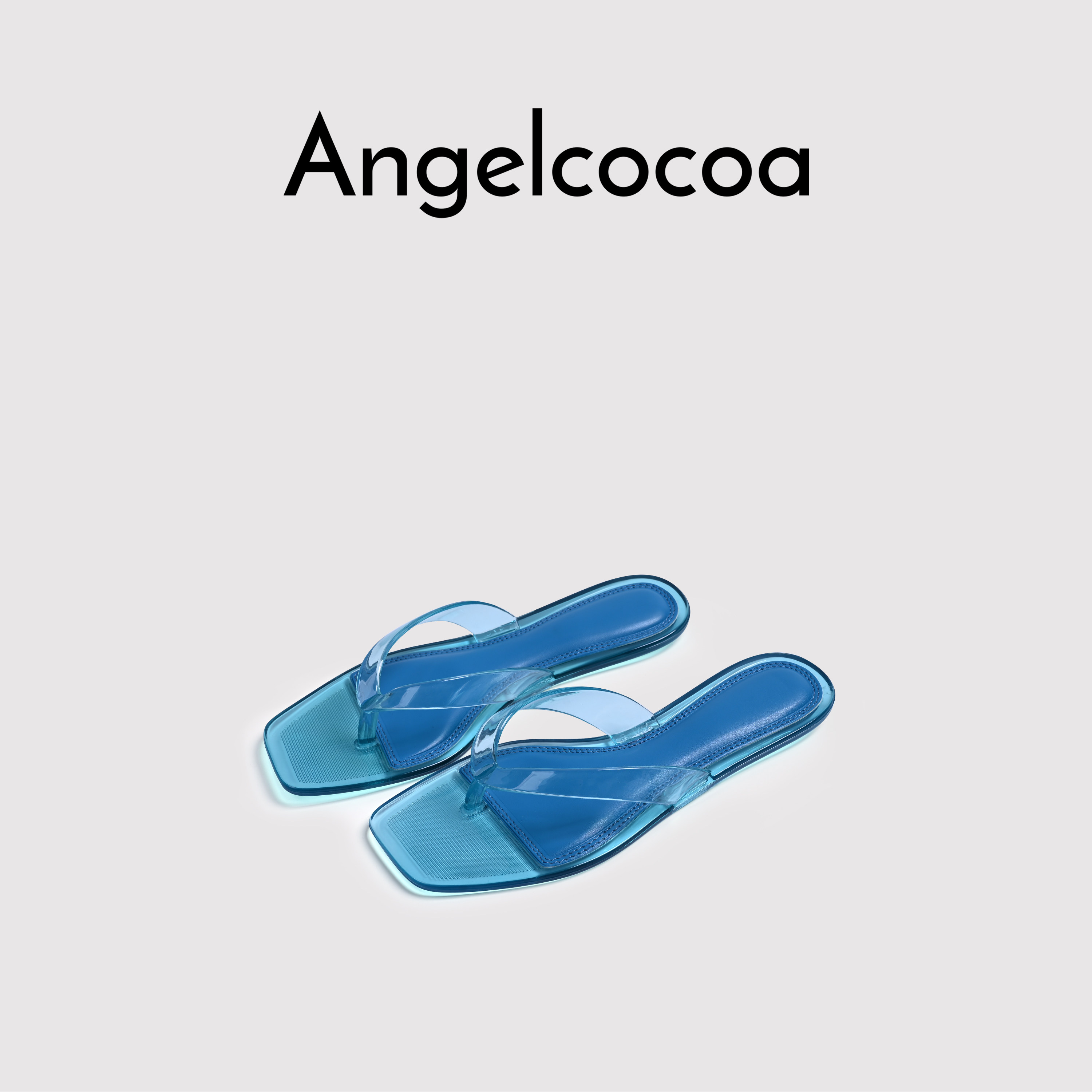 日本Angelcocoa夏季新款方头透明蓝色果冻人字拖外穿夹趾平底凉拖