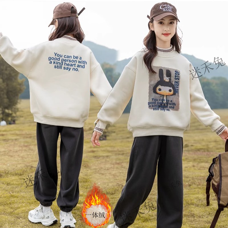 女童加绒卫衣秋冬装女q大儿童保暖冬款一体加绒棉外套休闲宽松上