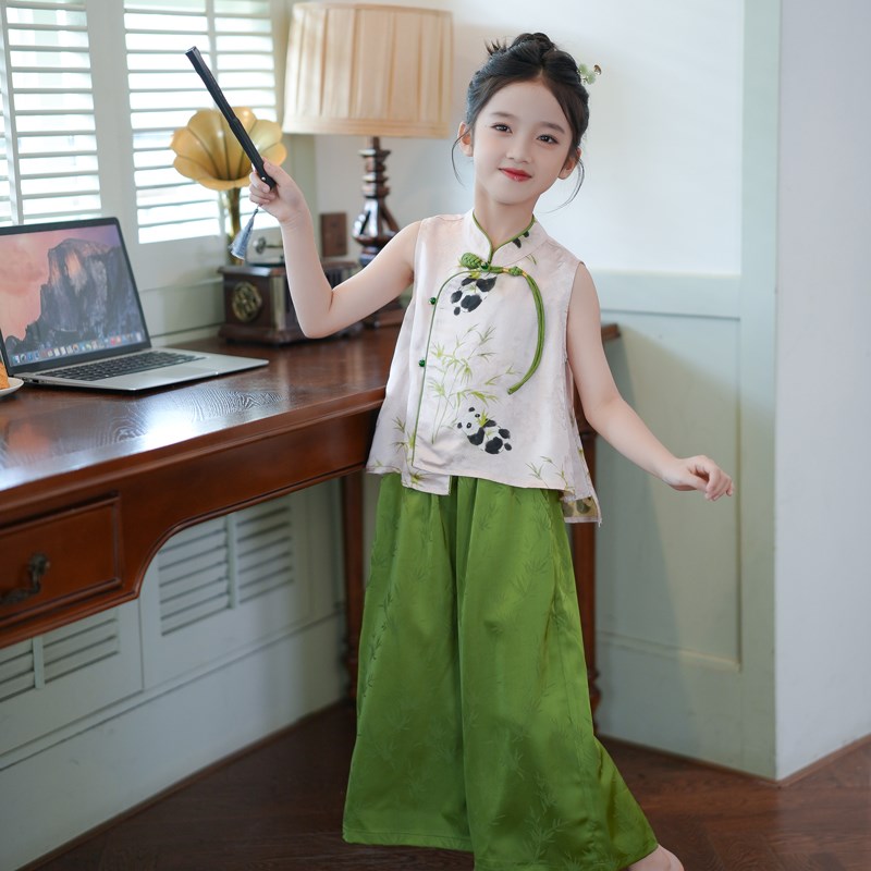 儿童夏季汉服套装新中式国风2024新款女童改良旗袍上衣裤子两件套