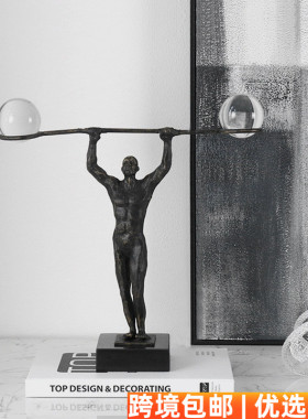 现代轻奢水晶铸铁举重人雕塑样板房间软装饰品家居客厅办公桌摆件
