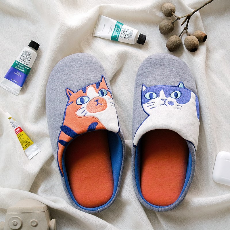 春夏可爱情侣木地板可机洗静音猫咪绣花卧室拖鞋如茉家居秋冬保暖