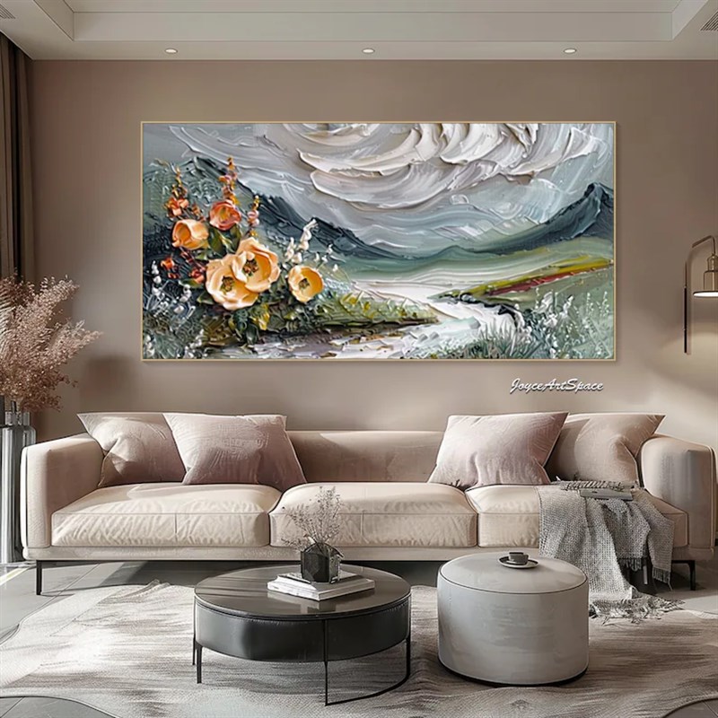 大芬村手绘油g画抽象花卉风景客厅装饰画横版肌理立体卧室挂画壁图片
