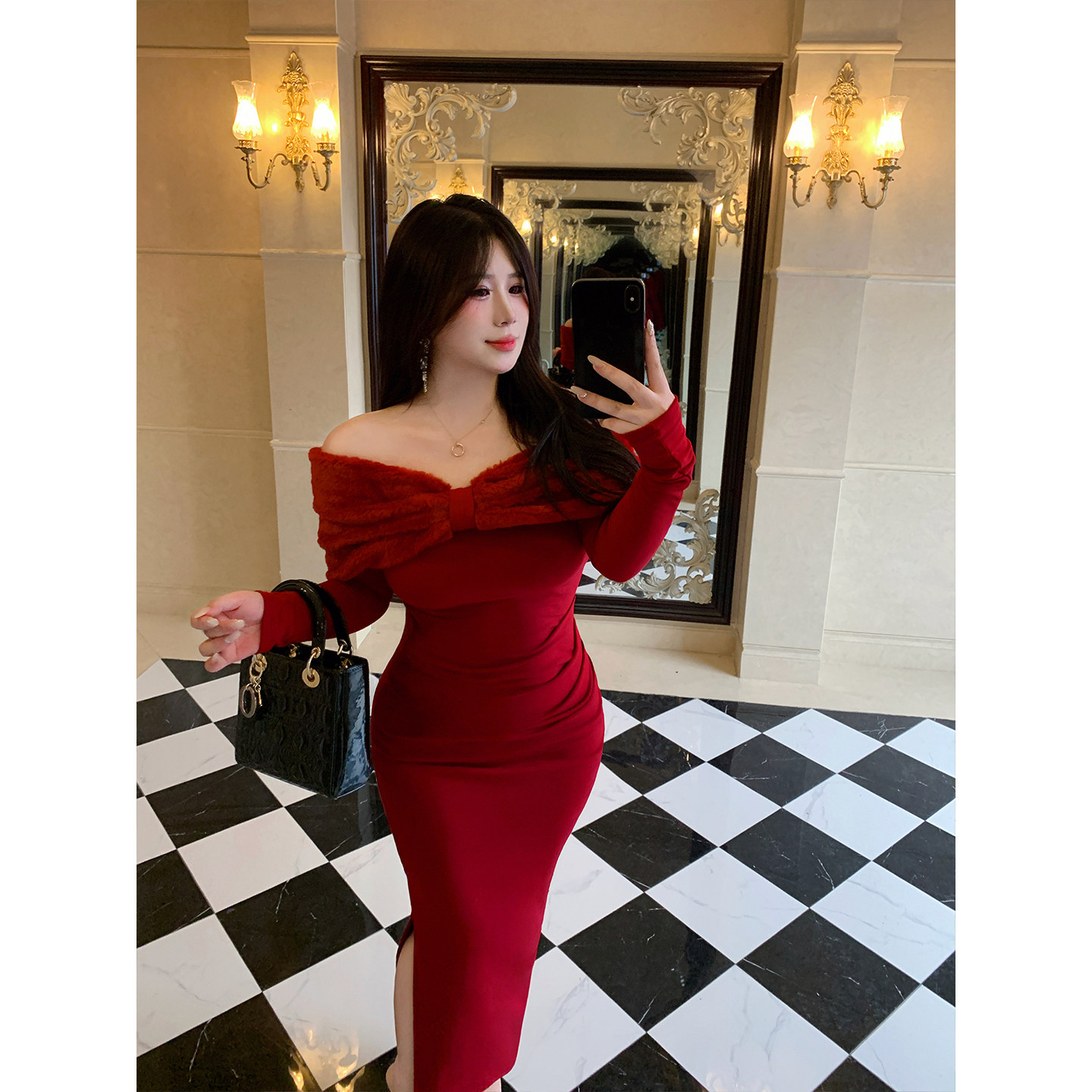 B-babes【派对之星】高级感修身包臀长裙红色一字肩加绒连衣裙女