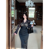 连衣裙气质收腰遮肉裙 微胖性感蕾丝拼接长袖 babes 小妈诀窍