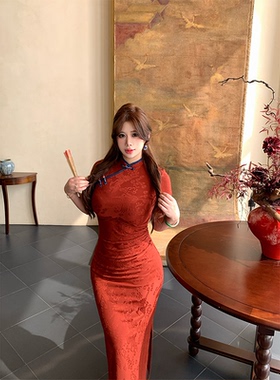 B-babes【东方美学】红色提花显瘦旗袍微胖新中式气质大码连衣裙