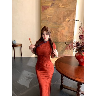 紅色提花顯瘦旗袍微胖新中式 babes 東方美學 連衣裙 氣質大碼