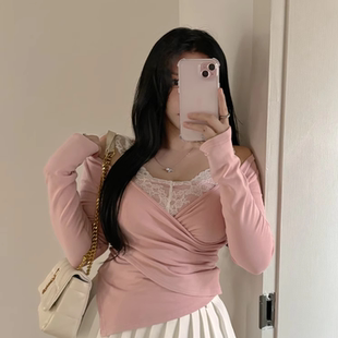 babes 性感V领长袖 桂花奶酿 蕾丝拼接上衣 T恤加绒修身 打底衫