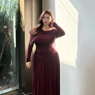 babes 高腰大摆长裙套装 wine甜酒 上衣秋季 荡领弹力显瘦长袖