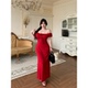 babes 娇艳欲滴 胖mm法式 红色泡泡袖 连衣裙收腰显瘦a字长裙女