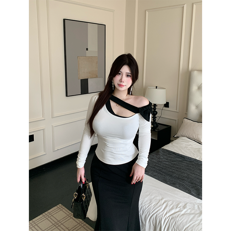 微胖显瘦‘’斜肩长袖T恤‘’