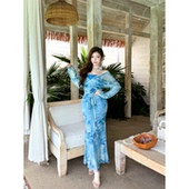 江南水 babes 纯欲扎染网纱V领连衣裙微胖收腰显瘦包臀鱼尾裙