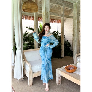 纯欲扎染网纱V领连衣裙微胖收腰显瘦包臀鱼尾裙 江南水 babes