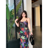 陌上生花 babes 性感度假风吊带裙微胖收腰显瘦海边碎花长裙