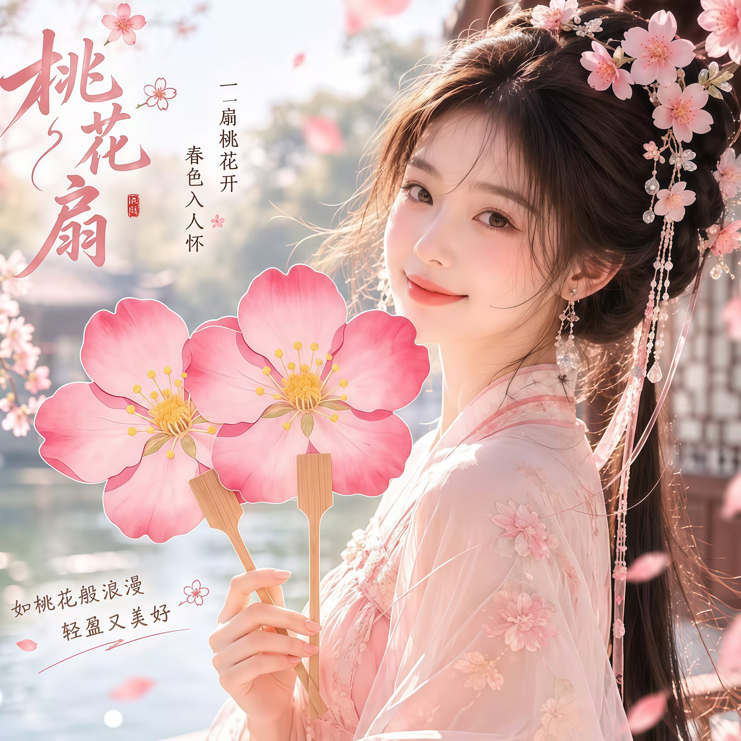 夏日便携加厚桃花手摇蒲扇