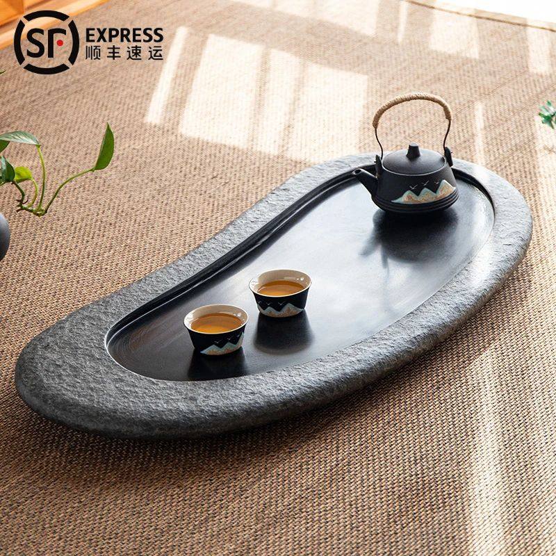 天然椭圆形乌金石茶盘家用石头排水茶台茶海黑金石简约办公火烧石