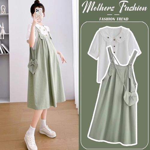 孕妇连衣裙套装夏季2025新款减龄小清新短袖衬衫遮肚背带裙两件套