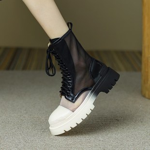 马丁靴女夏季薄款透气女鞋2024新款厚底网纱凉靴真皮镂空网面短靴