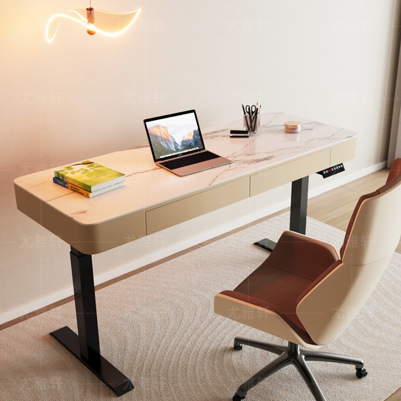 奶油风圆角智能电动升降书桌家用写字台J办公桌电脑桌客厅大板长