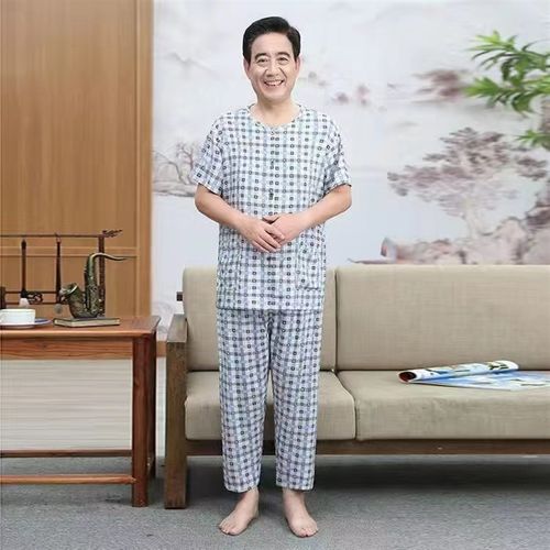 夏季爸爸短袖长裤睡衣男纯棉绸7080岁爷爷居家男装衣服老人开衫款
