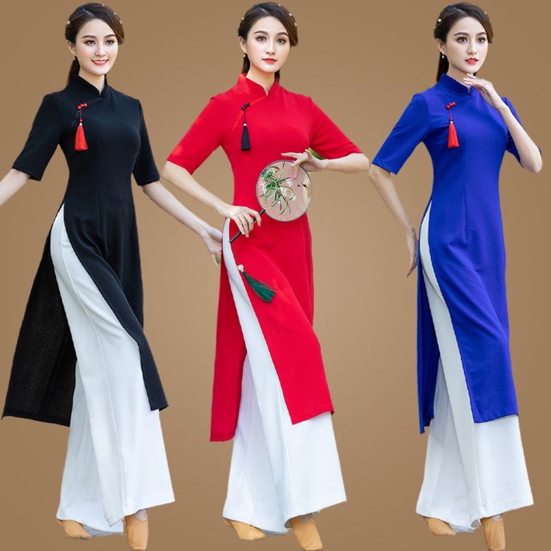 身韵古风广场舞蹈服装套装古典演出长款民族服旗袍表演.春夏季新