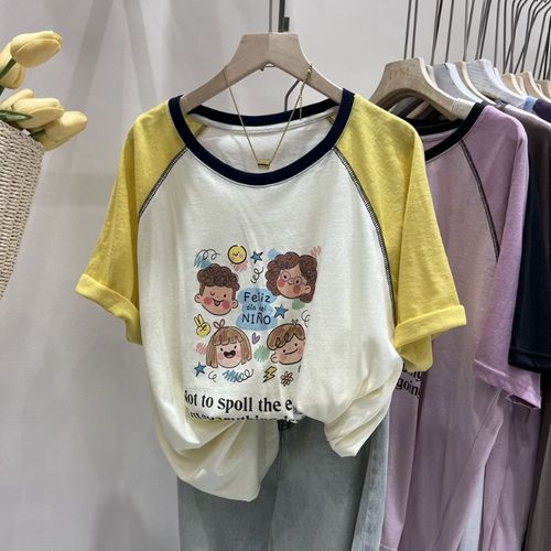 特大码300斤卡通手绘小孩印花T恤男女装夏季短袖宽松撞色拼接上衣