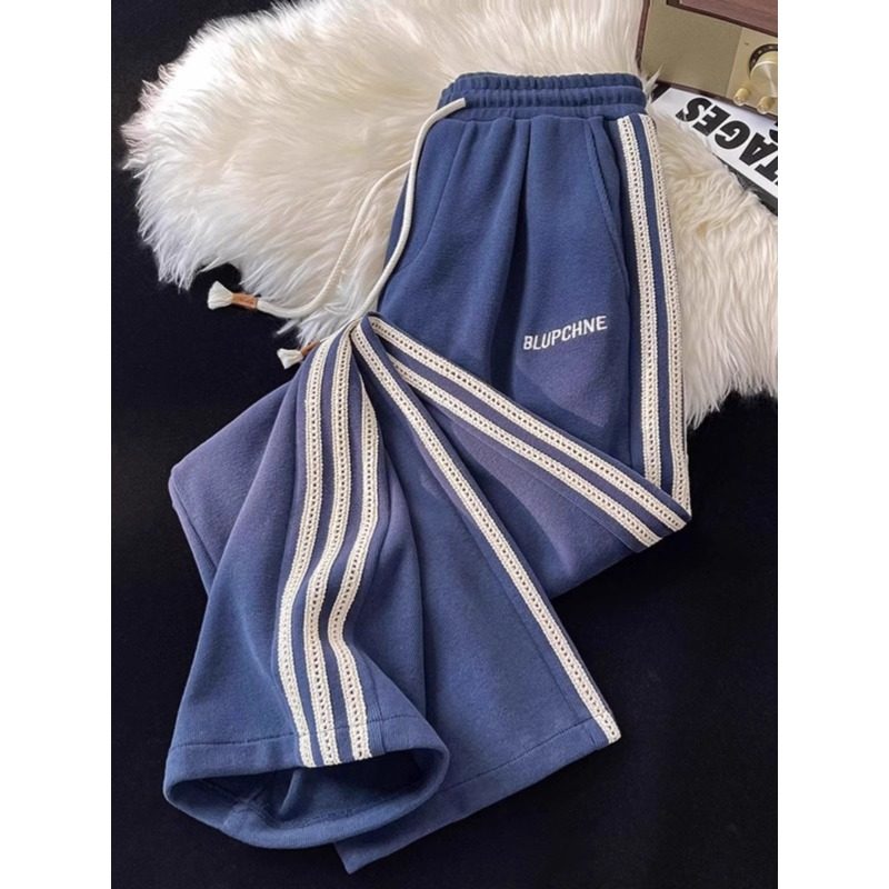 特大码300斤美式条纹运动裤男女装秋季设计感宽松直筒阔腿休闲裤2