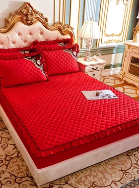婚庆大红色加厚夹棉单件床笠u床套单床罩三件套床头罩15m18m2米