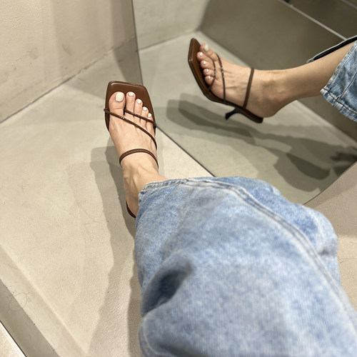 法式拖鞋女2023夏o季新款方头细带夹趾凉鞋一鞋两穿中跟小猫跟女
