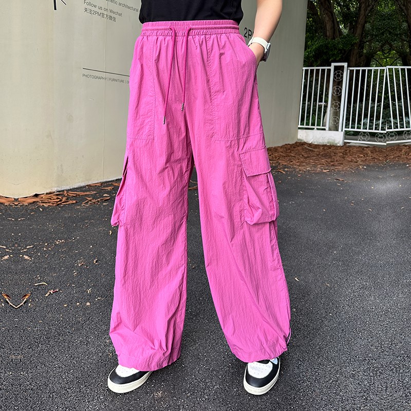 大码女装薄款美式工装裤s女夏季新款胖妹mm橡筋腰宽松阔腿长裤粉