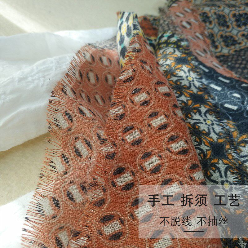 民族风丝巾女春秋薄款棉麻围巾冬季时尚复古几何撞色百Z搭防风披