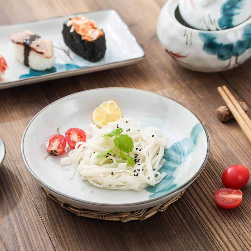 纯手绘荷叶金鱼陶瓷碗盘子碟釉下高温汤碗家用吃饭碗餐厅餐具