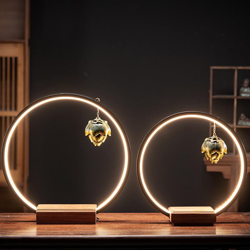 新中式禅意陶瓷吊炉摆件底座实木家居摆件客厅办公室玄关书房灯圈